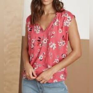 Velvet By Graham & Spencer Pink Floral Sleeveless Blouse, V Neck With Ties, L
